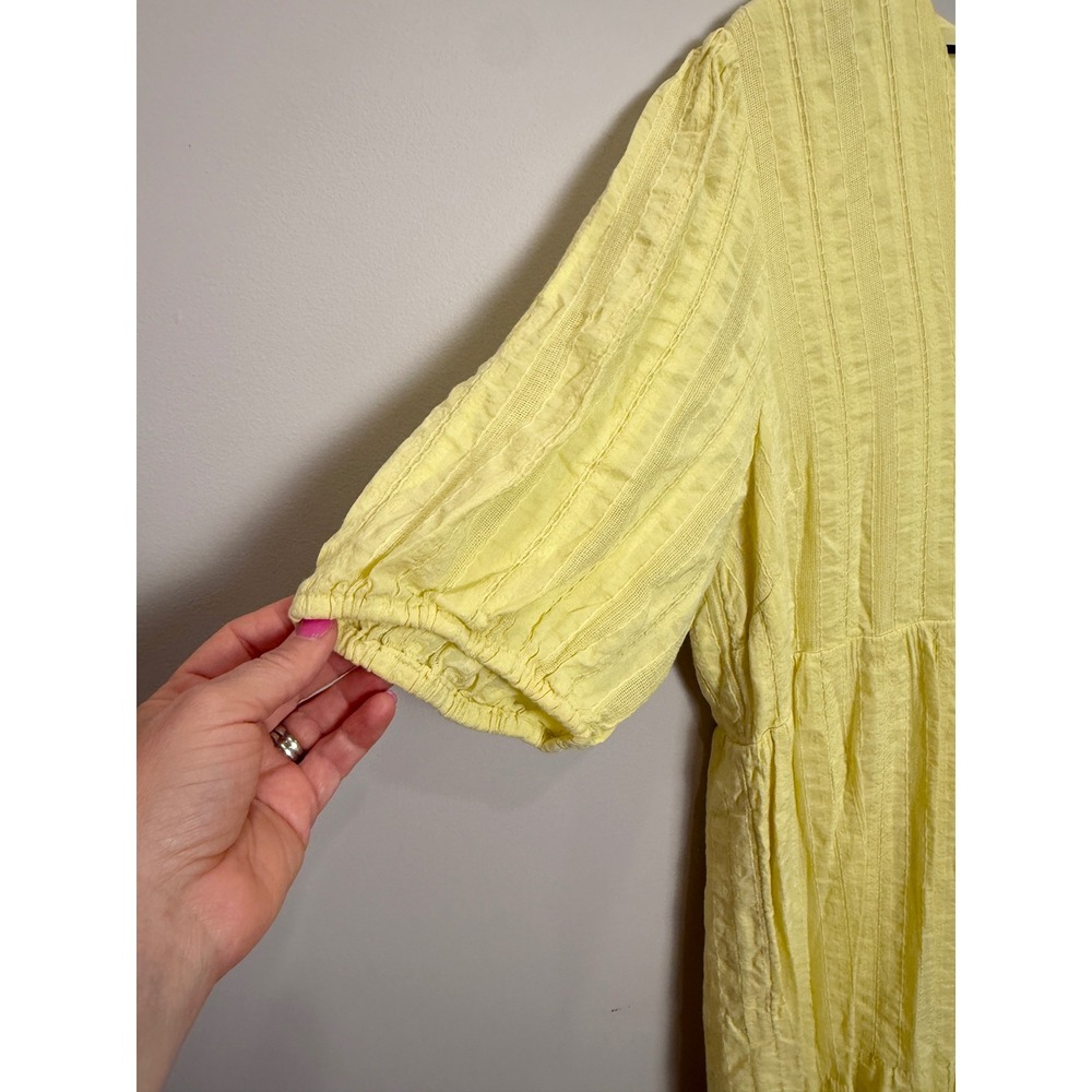 J. Jill Cotton Blend Textured Stripe Tiered Ruffle Midi Dress Modest Yellow L - Picture 3 of 9